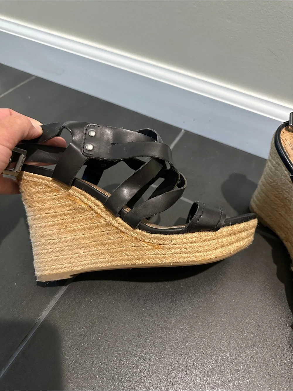 Guess Black Leather Espadrille Wedge Sandals